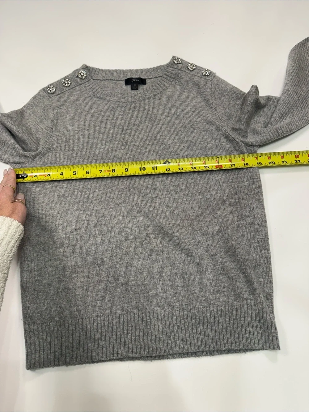 J. Crew Lambs Wool Blend Gray Crewneck Sweater with Shoulder Jewels